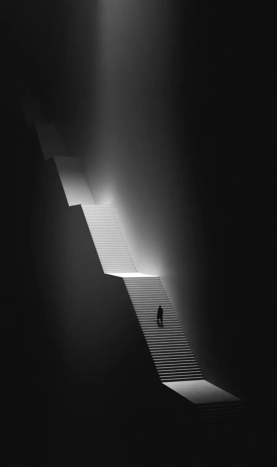 A figure climbing a lit staircase