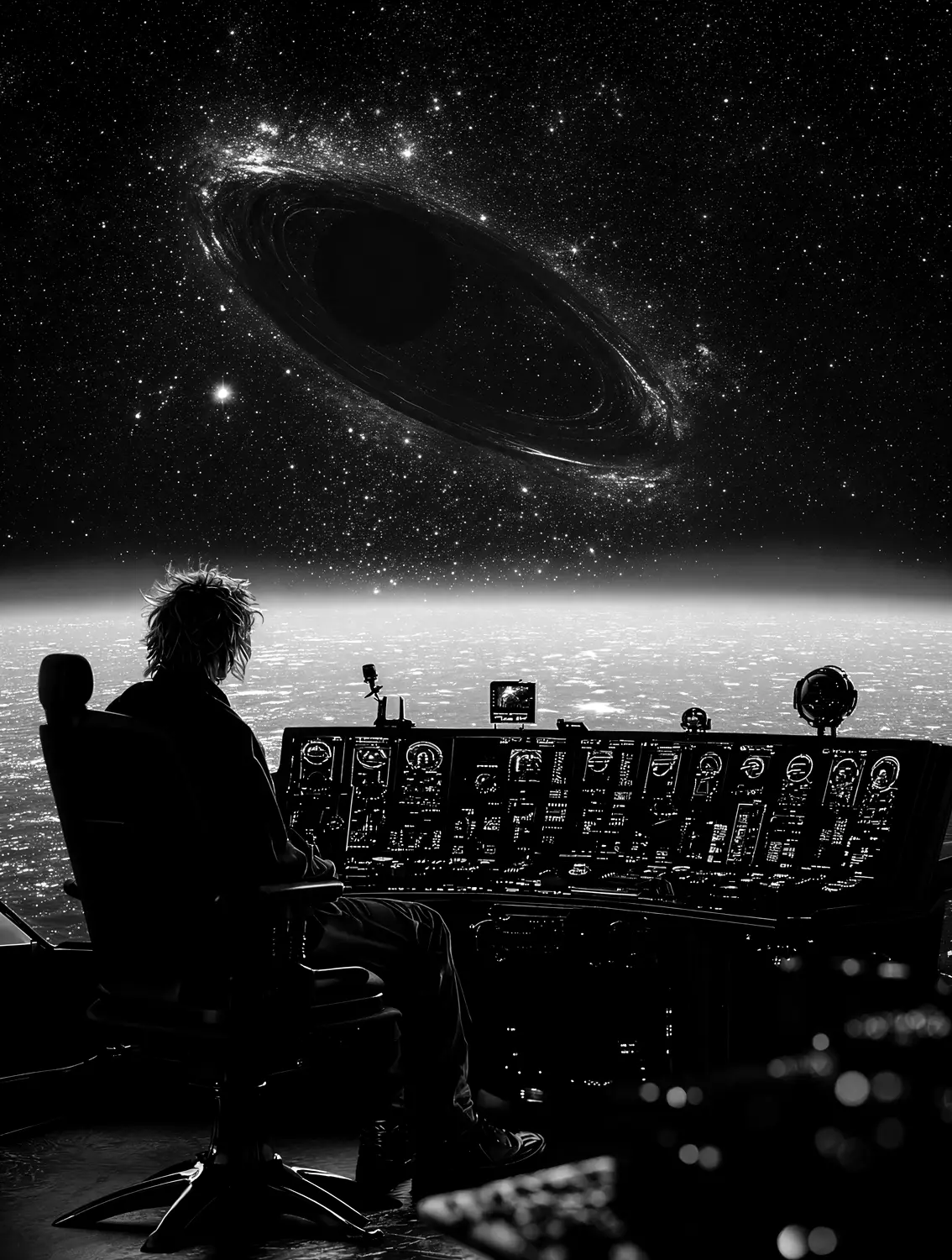 An operator at a console looking out at a galaxy