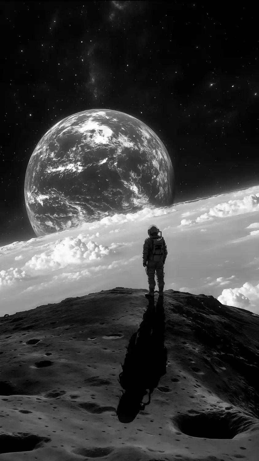 A figure on a ridge looking out at a distant world